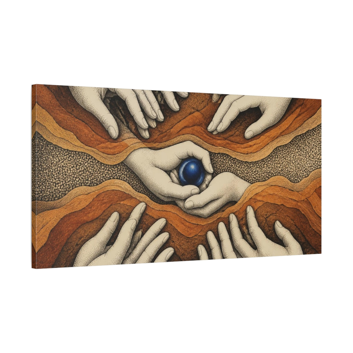 Main Mockup. Modern Hands With Cobalt Orb shown as canvas print