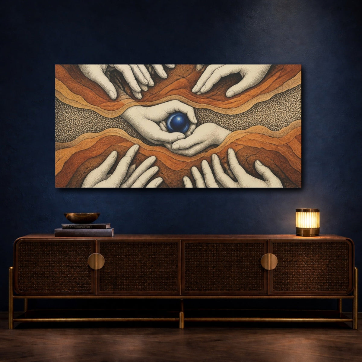 Modern Hands With Cobalt Orb Canvas Print – Living Room, Above Fireplace, Earth Tones, Blue - YesArtYes