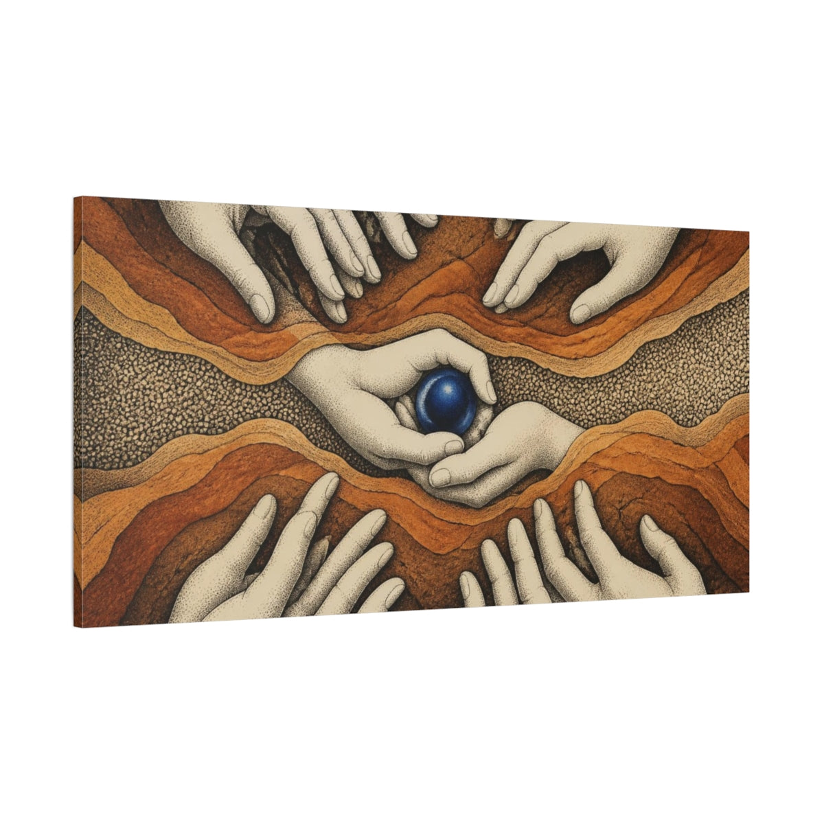 Side Mockup 2. Modern Hands With Cobalt Orb shown as canvas print