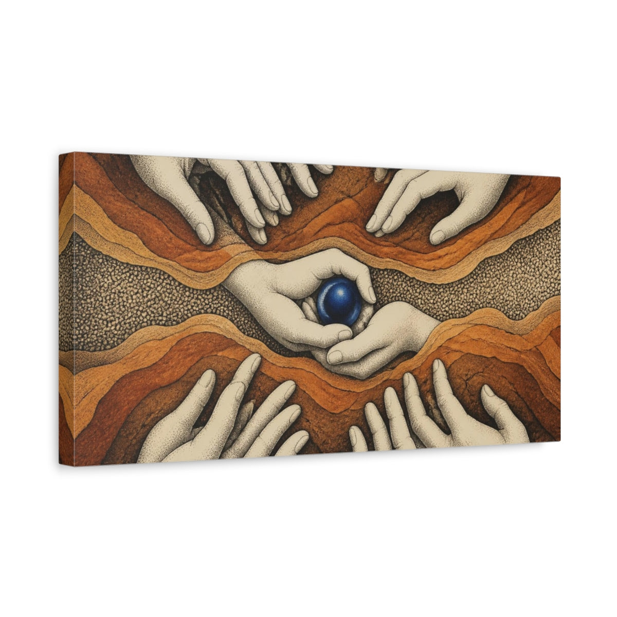 Side Mockup 3. Modern Hands With Cobalt Orb shown as canvas print