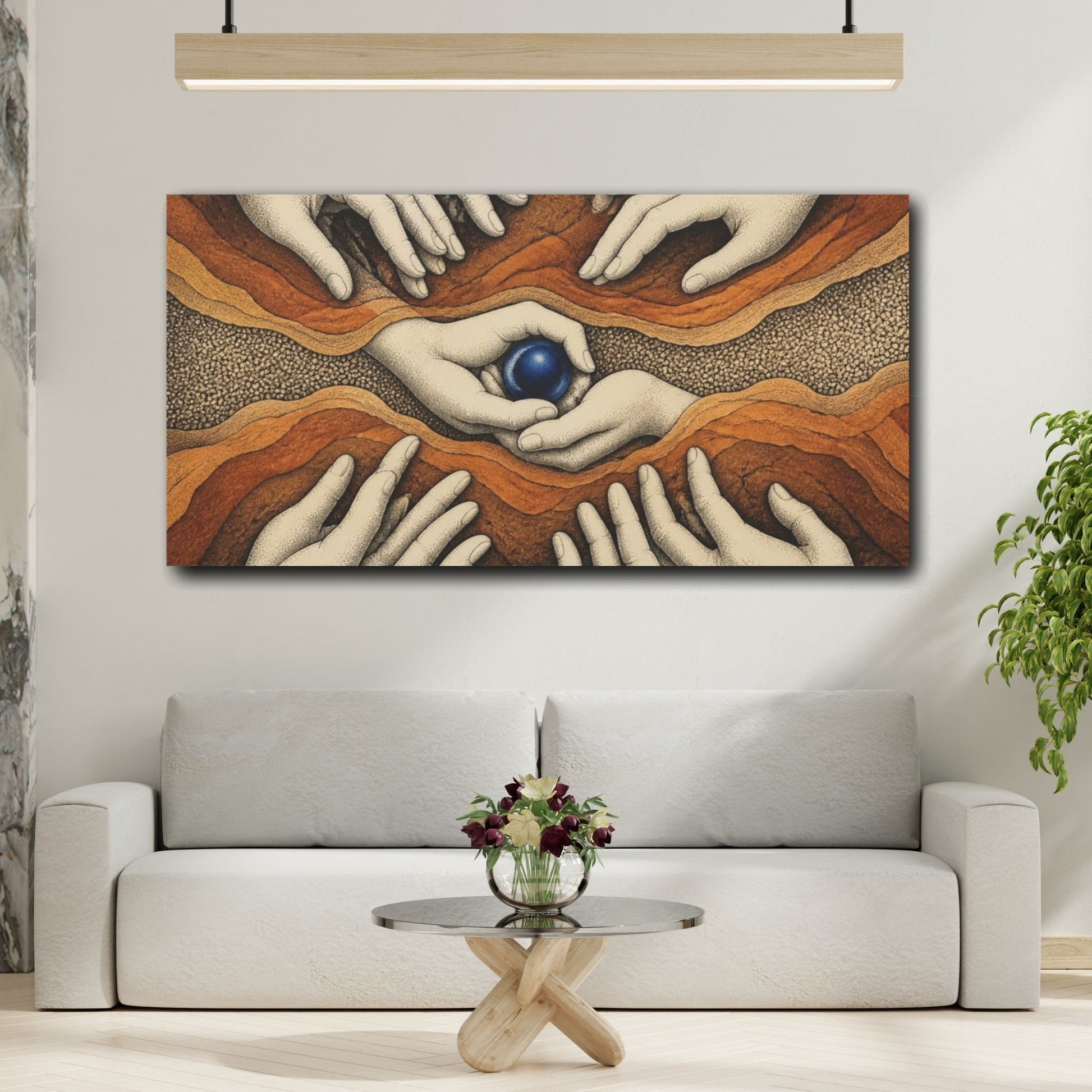 Mockup 2. Modern Hands With Cobalt Orb shown as canvas print