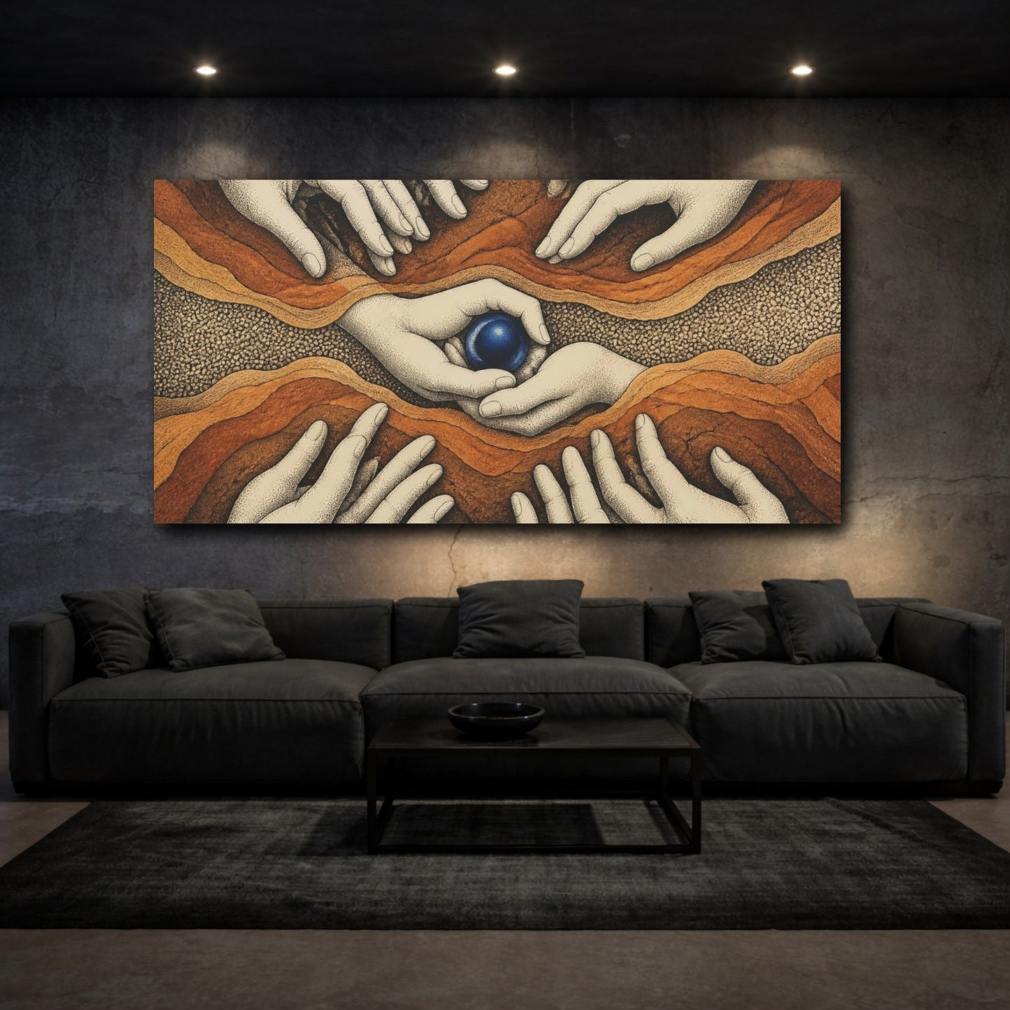 Mockup 3. Modern Hands With Cobalt Orb shown as canvas print