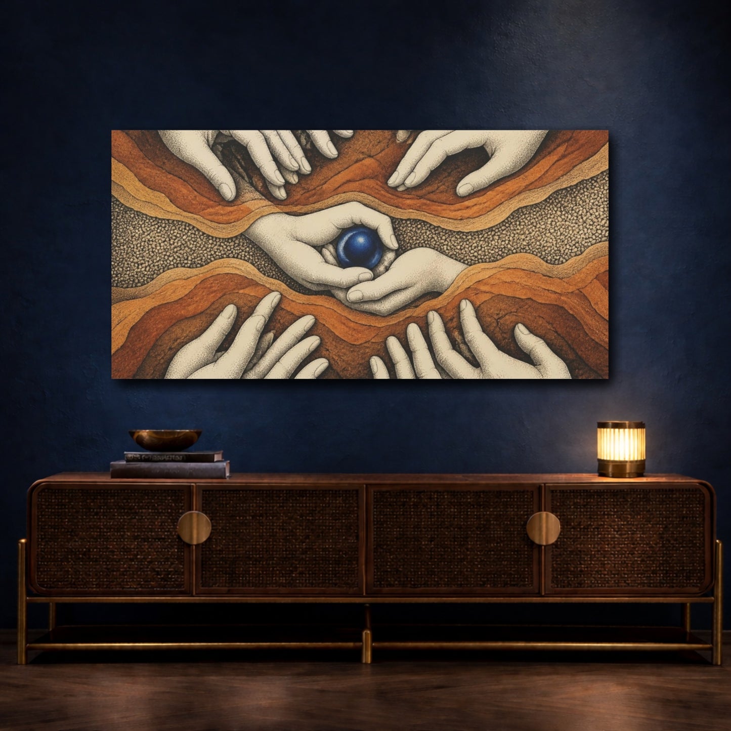Mockup 4. Modern Hands With Cobalt Orb shown as canvas print