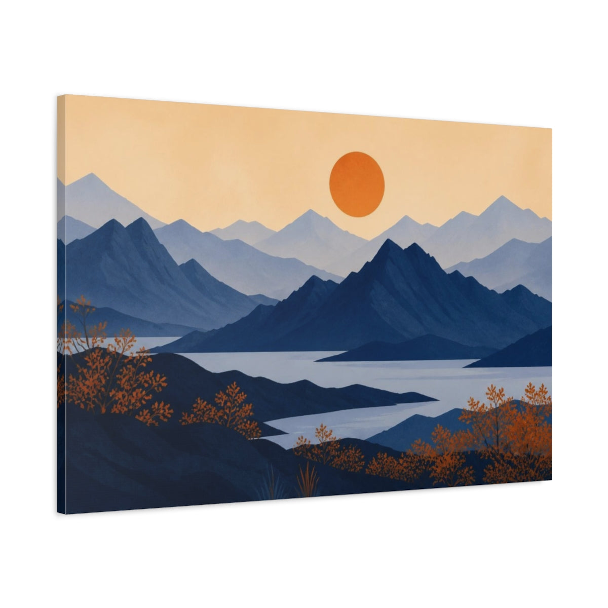 Main Mockup. Modern Indigo Mountain Sunset shown as canvas print