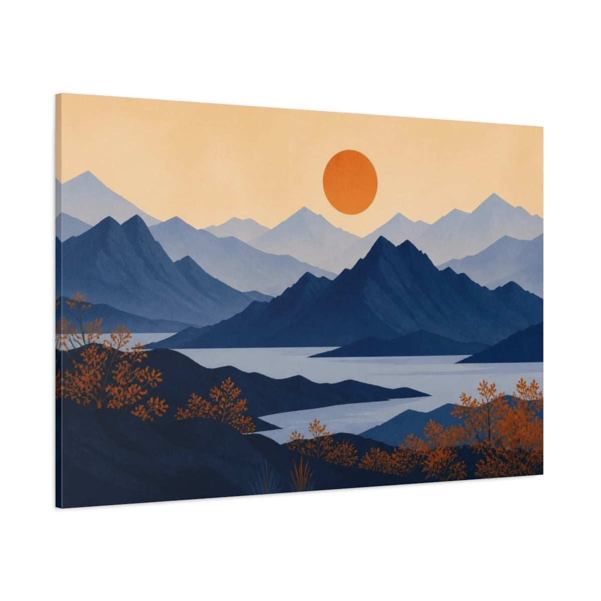 Side Mockup 1. Modern Indigo Mountain Sunset shown as canvas print