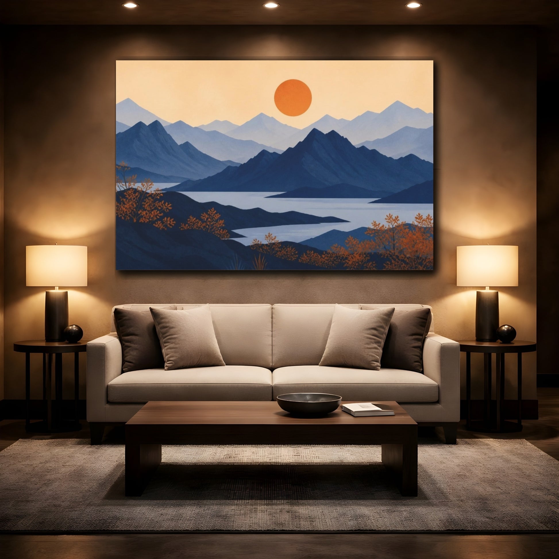 Mockup 2. Modern Indigo Mountain Sunset shown as canvas print