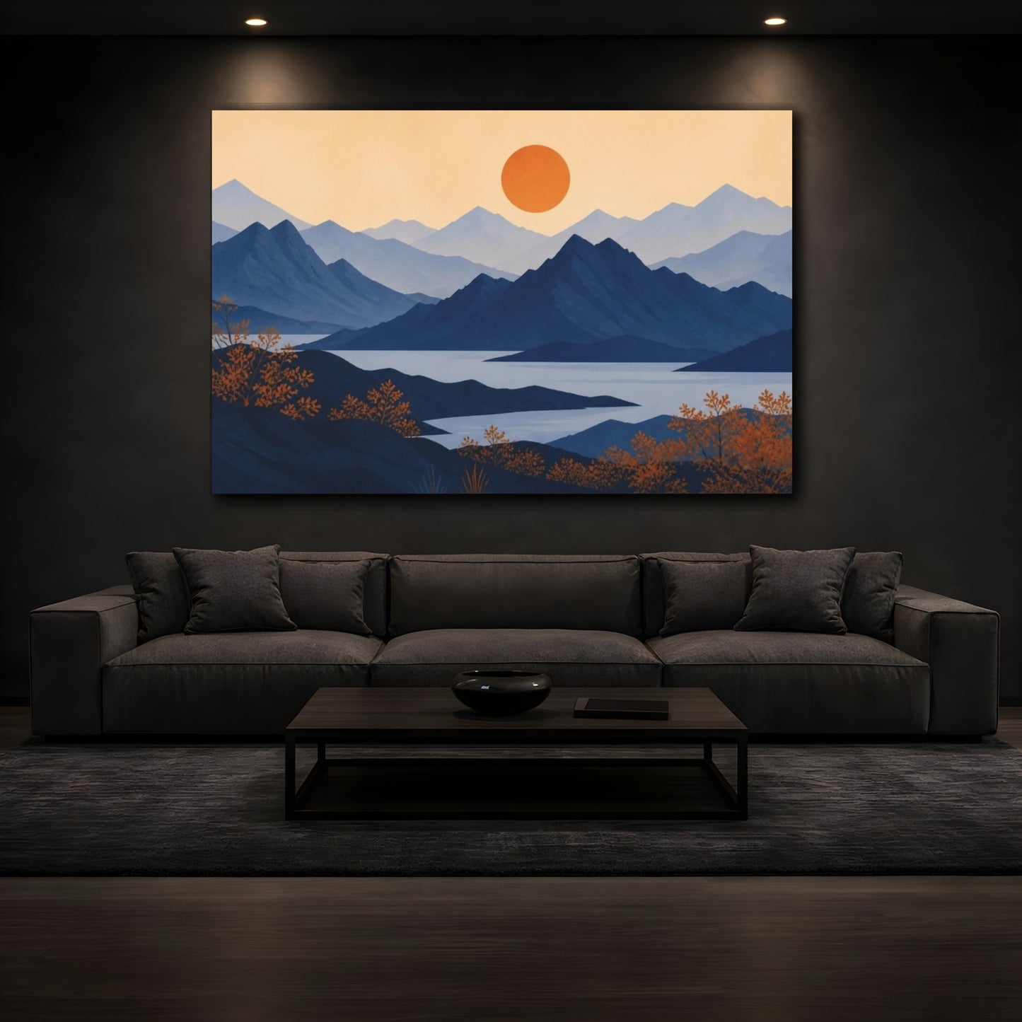 Mockup 3. Modern Indigo Mountain Sunset shown as canvas print