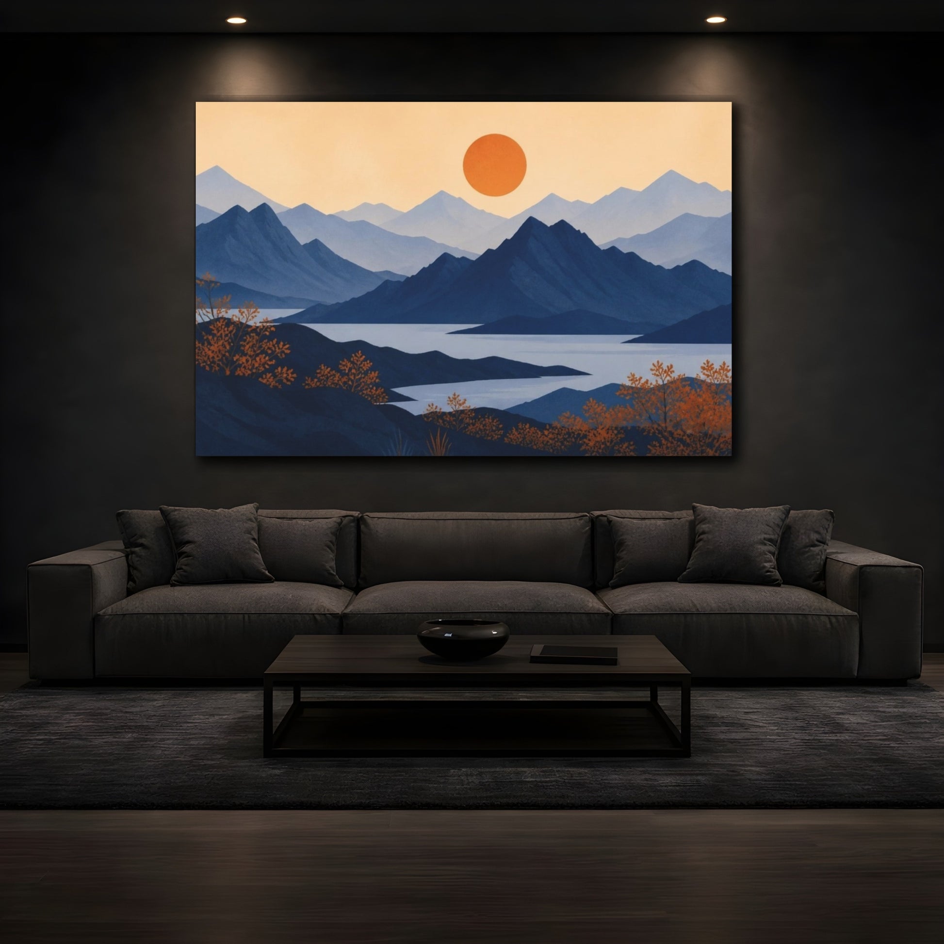 Mockup 3. Modern Indigo Mountain Sunset shown as canvas print