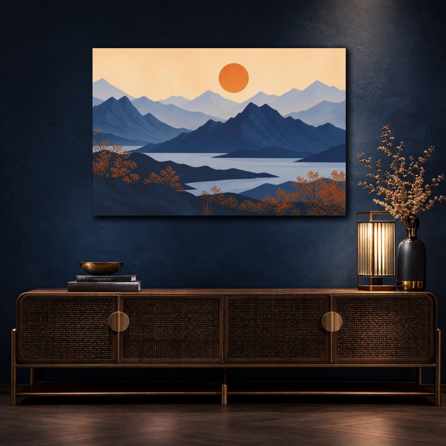 Mockup 4. Modern Indigo Mountain Sunset shown as canvas print
