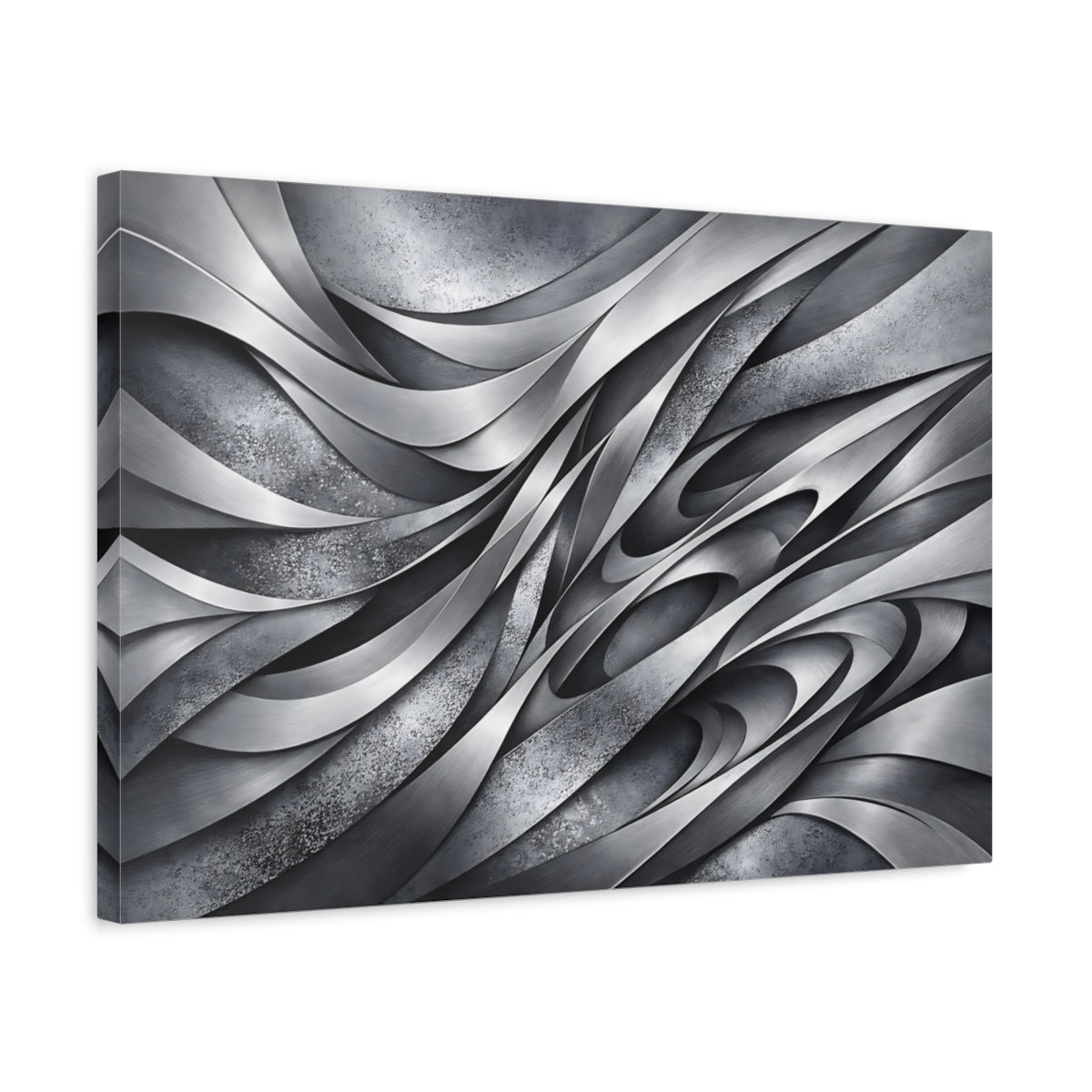 Side Mockup 3. Abstract Metallic Waves Gray Metal Abstract shown as stretched canvas wall art