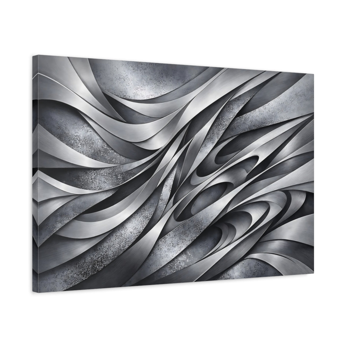 Side Mockup 2. Abstract Metallic Waves Gray Metal Abstract shown as stretched canvas wall art