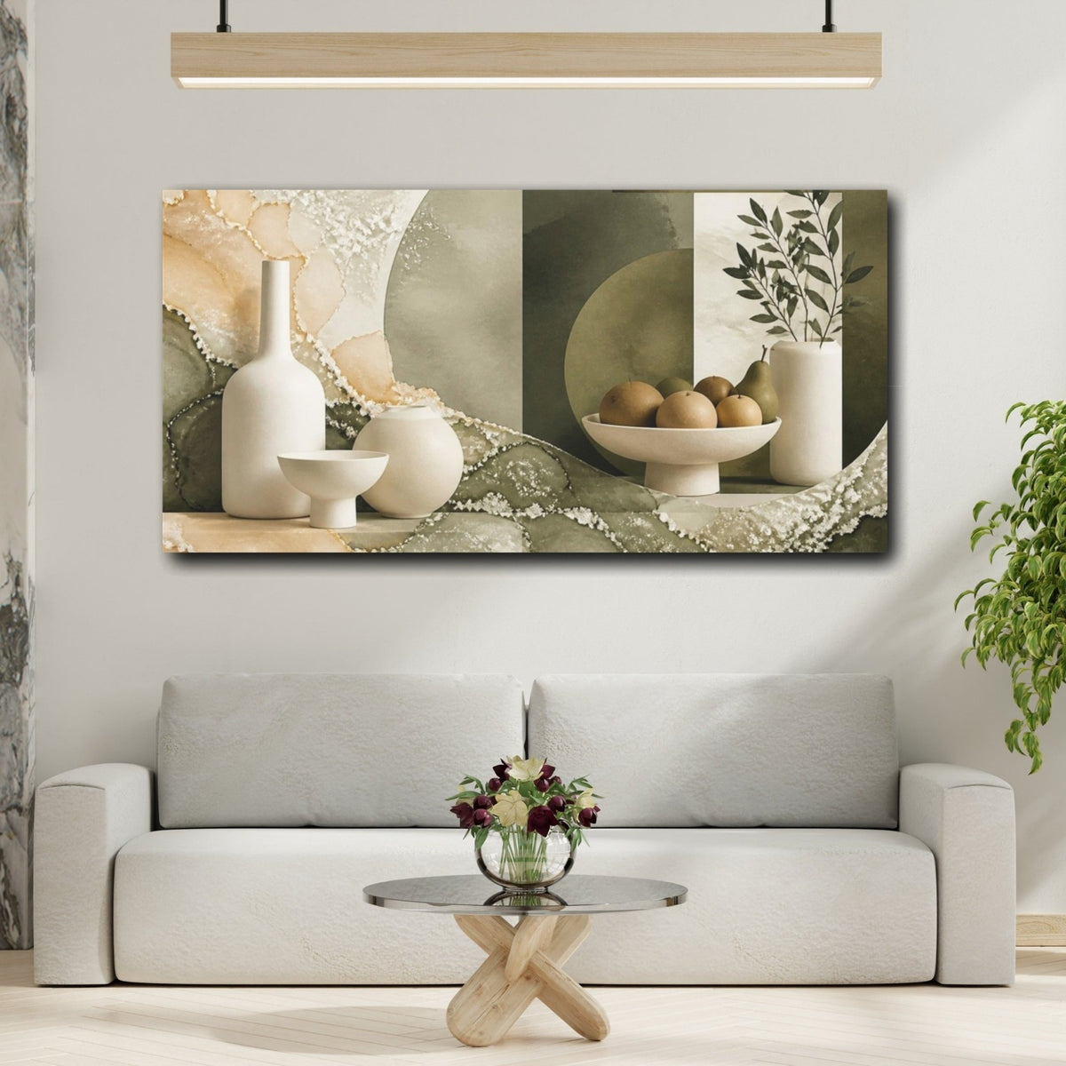 Modern Ivory Vessels Canvas Print – Living Room, Above Console Table, Muted Olive And - YesArtYes
