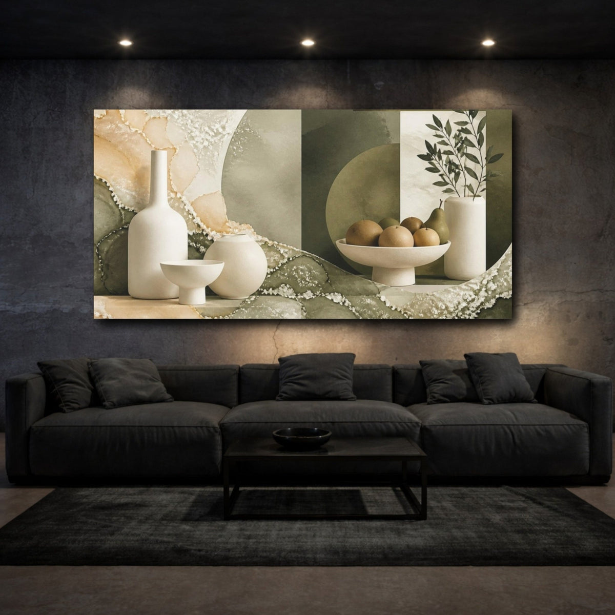Modern Ivory Vessels Canvas Print – Living Room, Above Console Table, Muted Olive And - YesArtYes