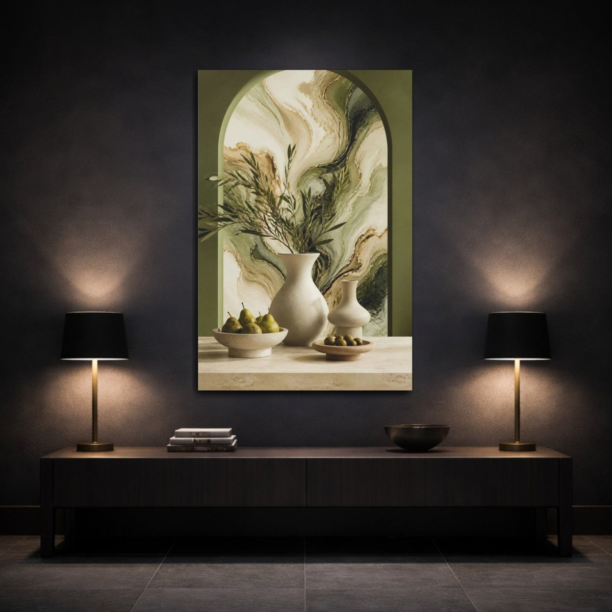 Modern Ivory Vessels Canvas Print – Living Room, Above Console Table, Olive Green & - YesArtYes