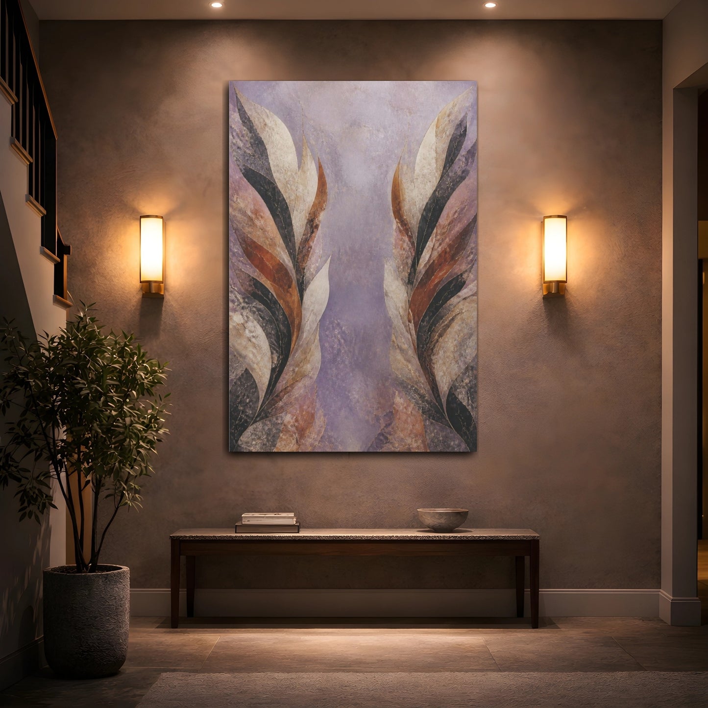 Mockup 2. Modern Lavender Leaf Wings shown as canvas print