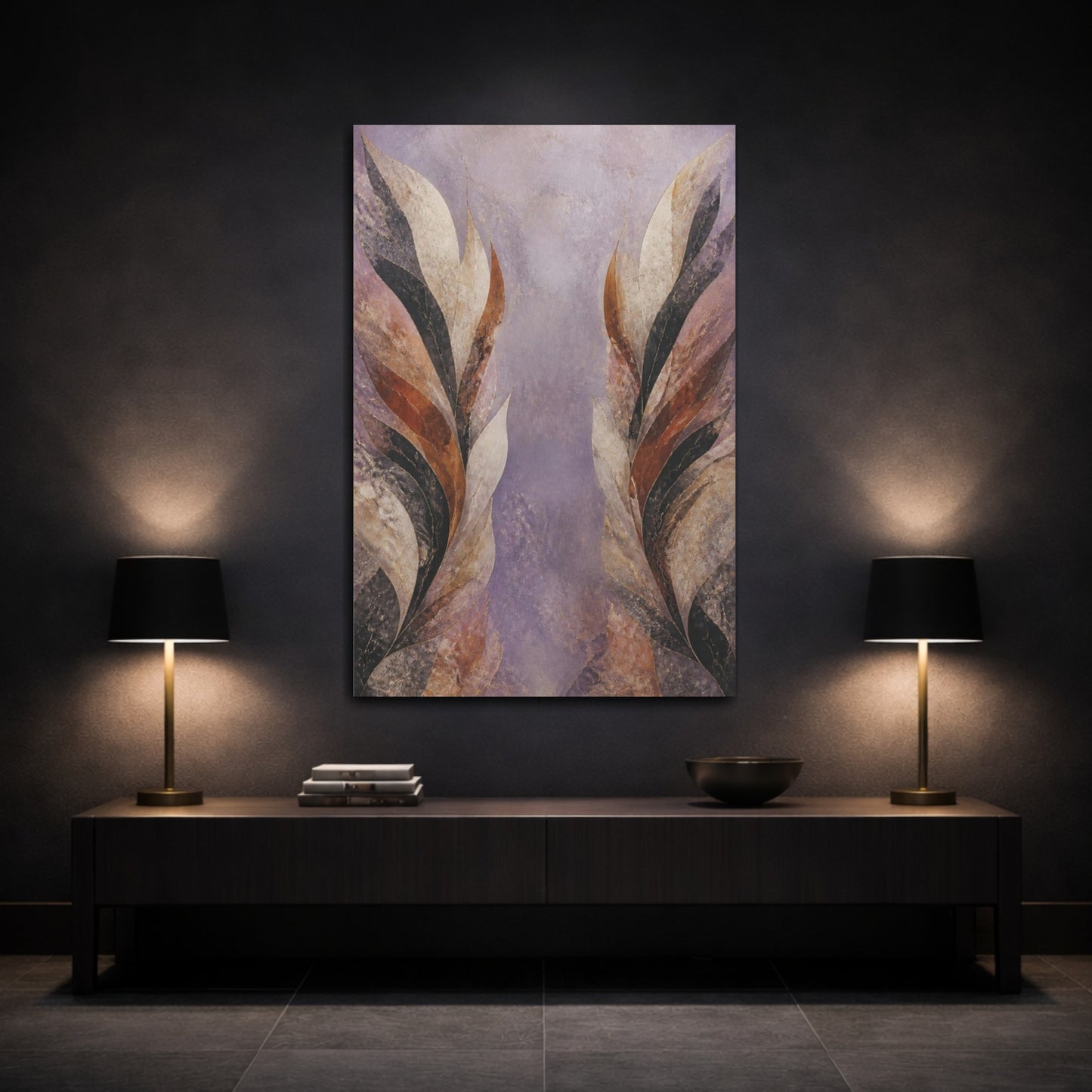 Mockup 3. Modern Lavender Leaf Wings shown as canvas print