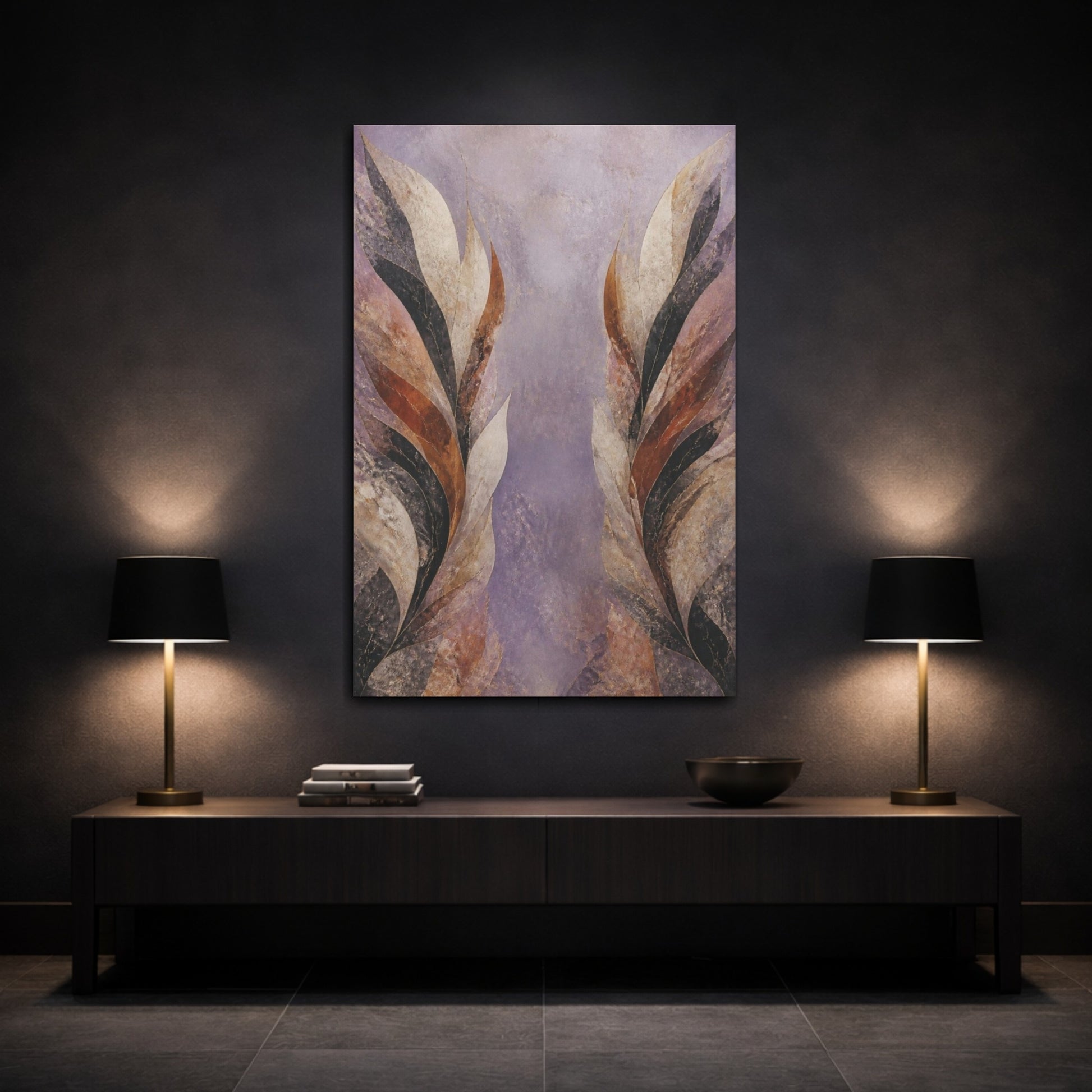 Mockup 3. Modern Lavender Leaf Wings shown as canvas print