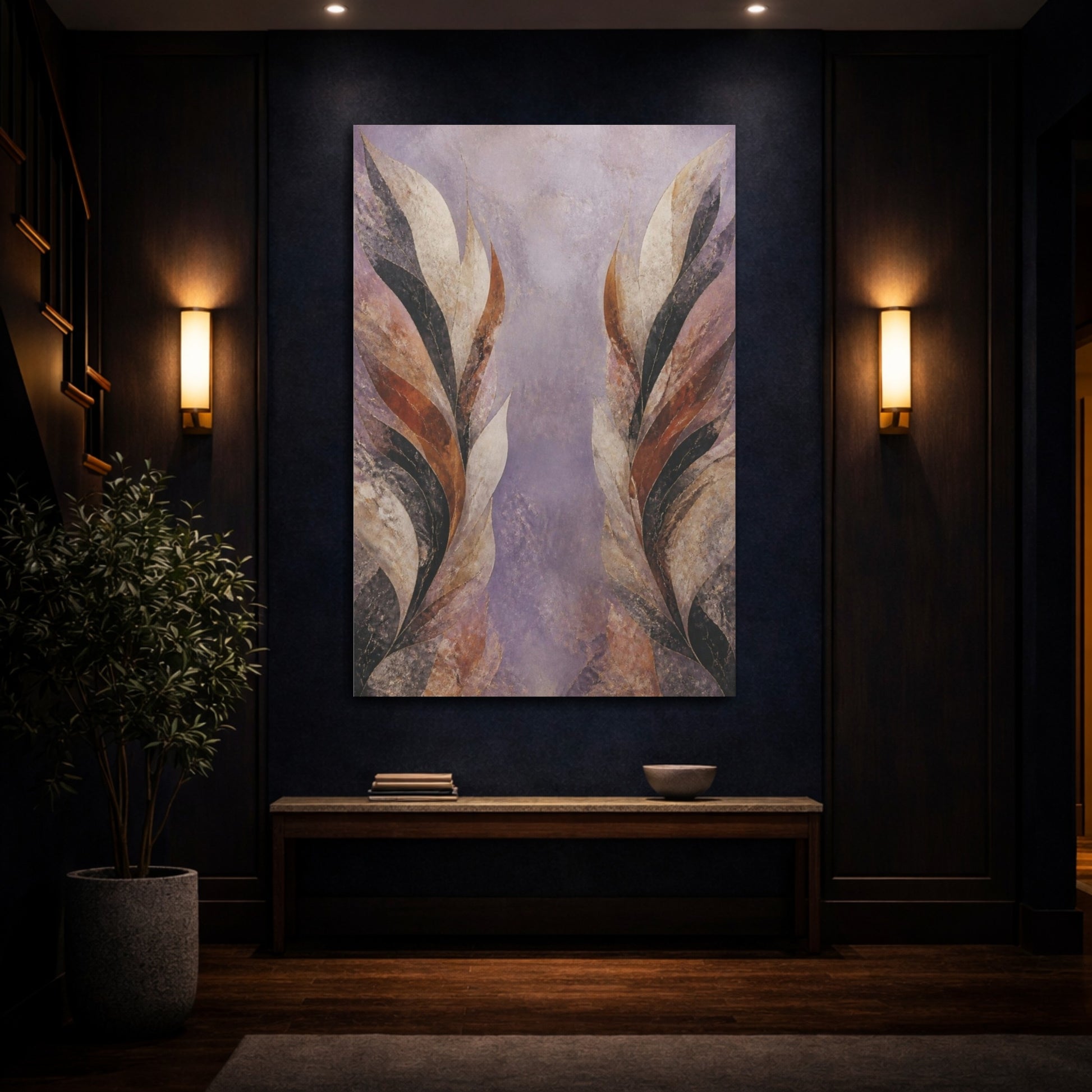 Mockup 4. Modern Lavender Leaf Wings shown as canvas print