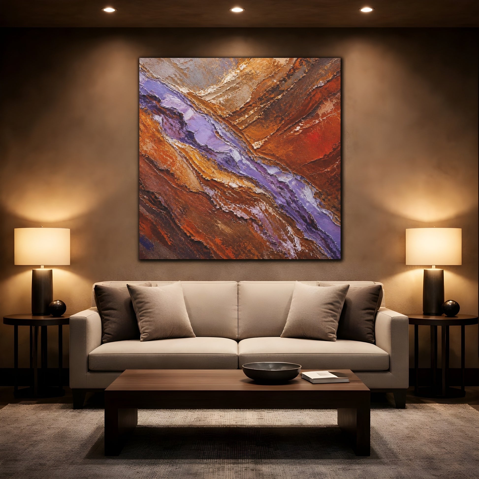 Mockup 2. Modern Lavender Strata shown as canvas print