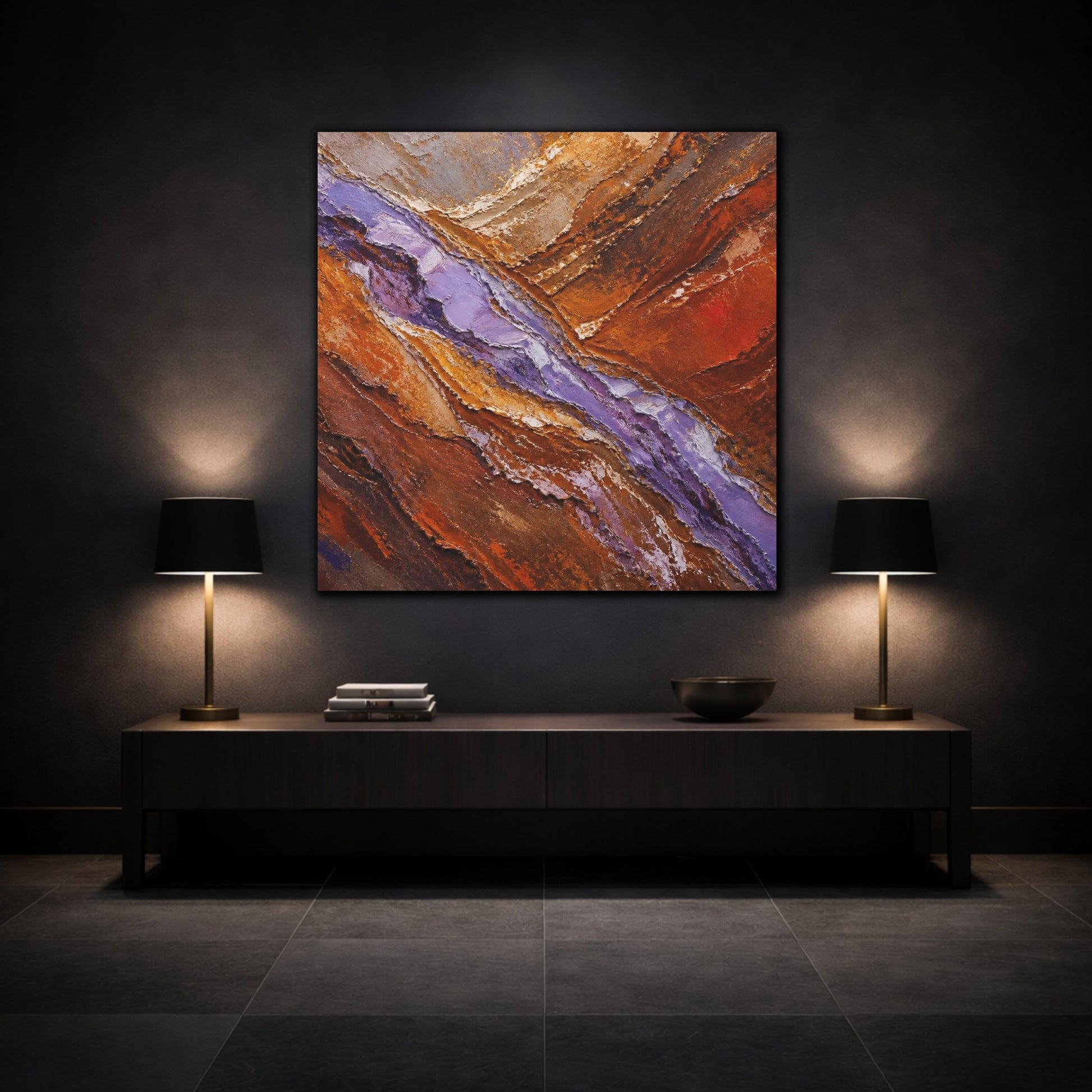 Mockup 3. Modern Lavender Strata shown as canvas print