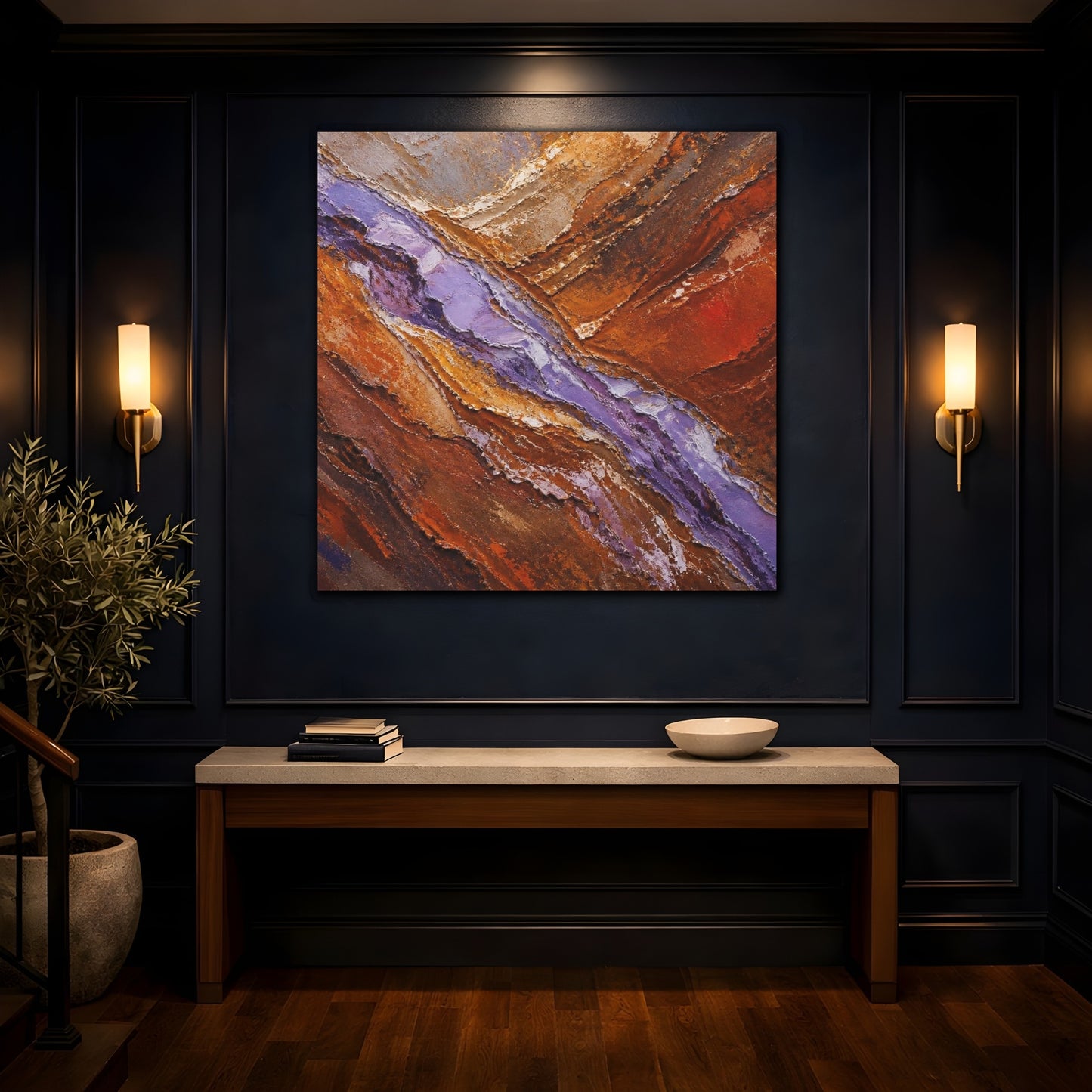 Mockup 4. Modern Lavender Strata shown as canvas print