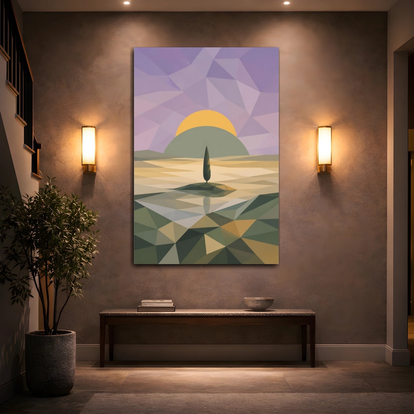 Mockup 2. Modern Lone Tree Sunrise shown as canvas print
