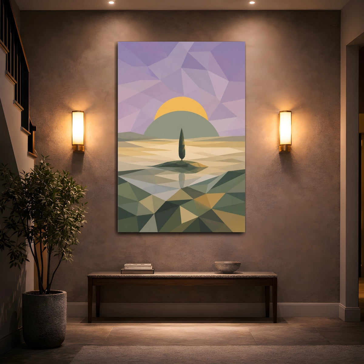 Mockup 2. Modern Lone Tree Sunrise shown as canvas print