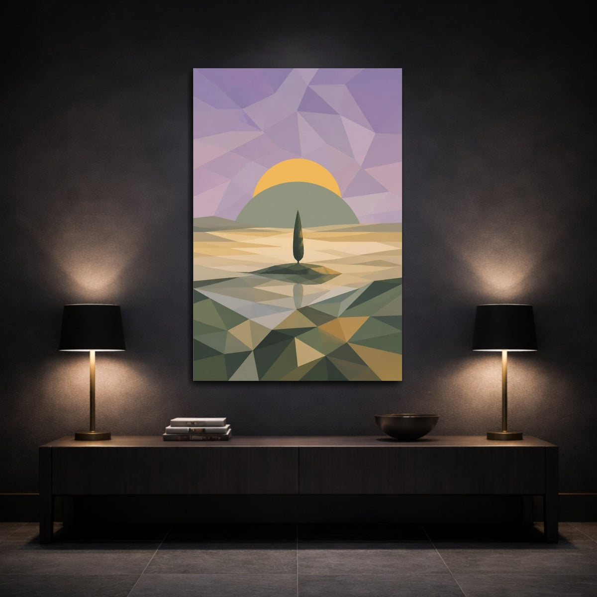Mockup 3. Modern Lone Tree Sunrise shown as canvas print