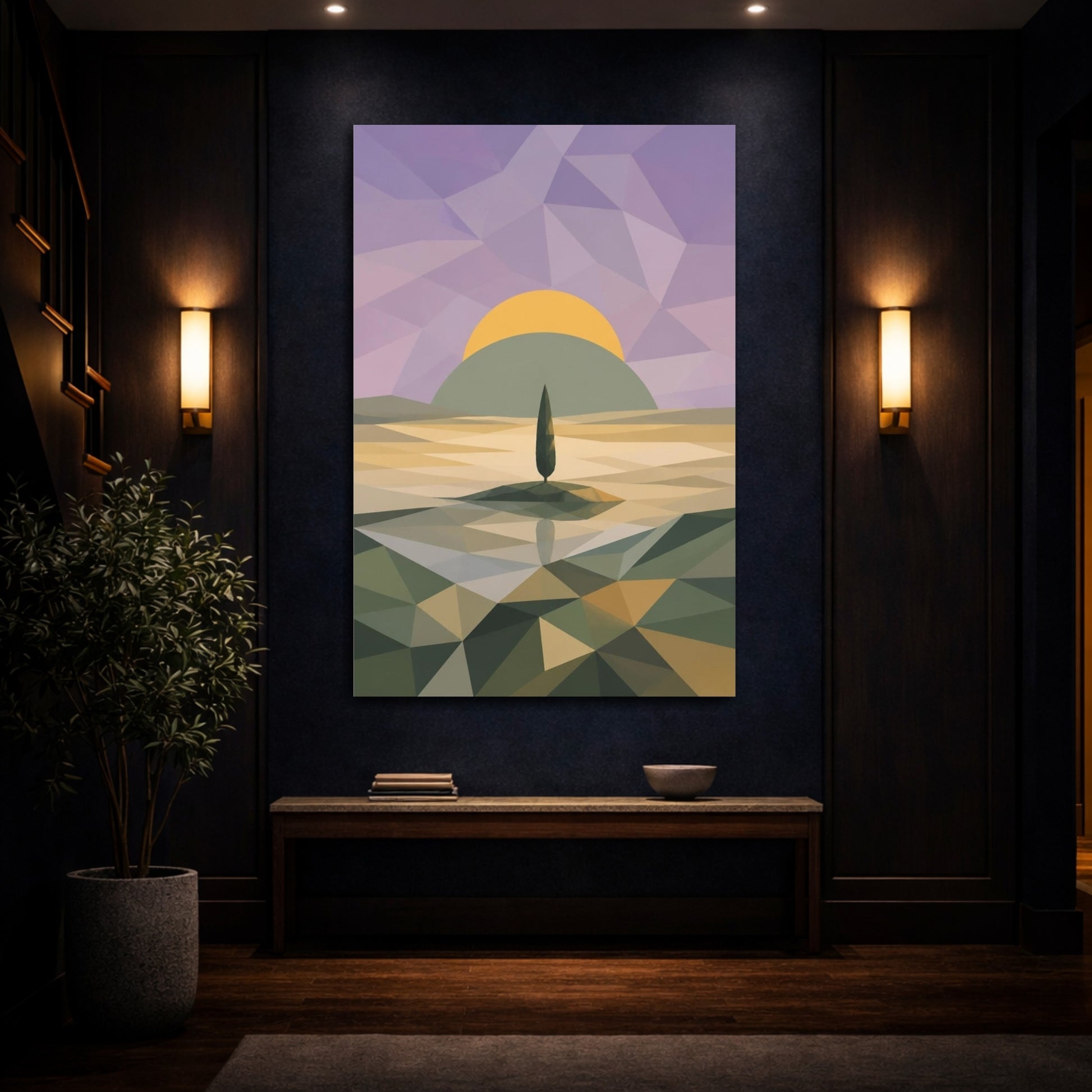 Mockup 4. Modern Lone Tree Sunrise shown as canvas print