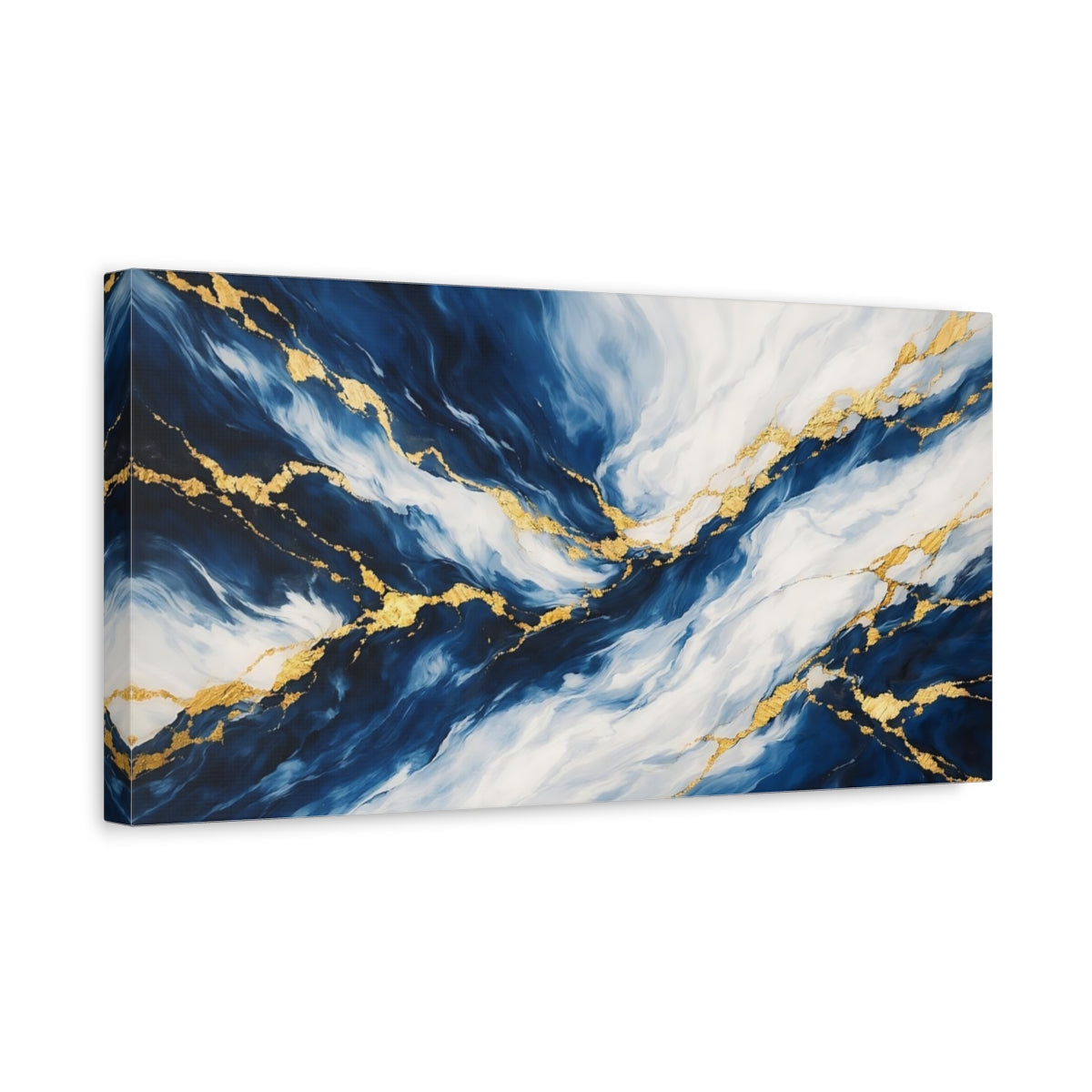 Side Mockup 3. Abstract Abstract Flow Blue Gold Abstract shown as stretched canvas wall art