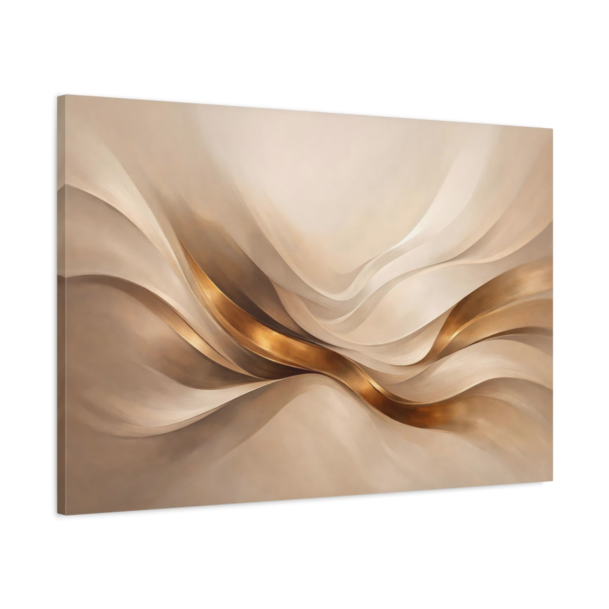 Side Mockup 1. Abstract Flowing Ribbons Gold And Beige Abstract shown as stretched canvas wall art