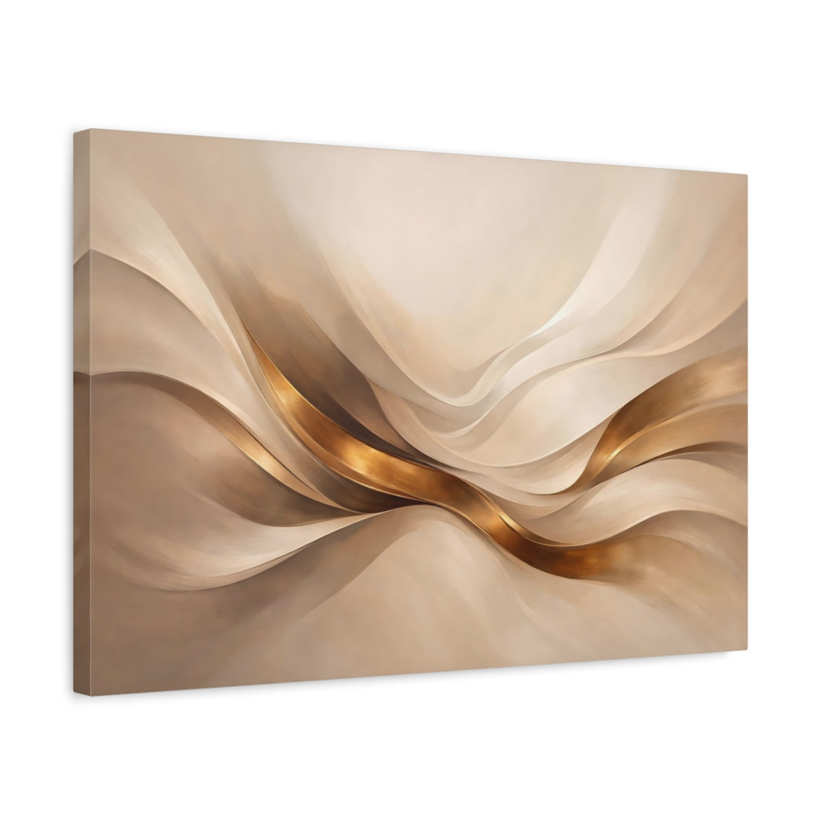 Side Mockup 3. Abstract Flowing Ribbons Gold And Beige Abstract shown as stretched canvas wall art