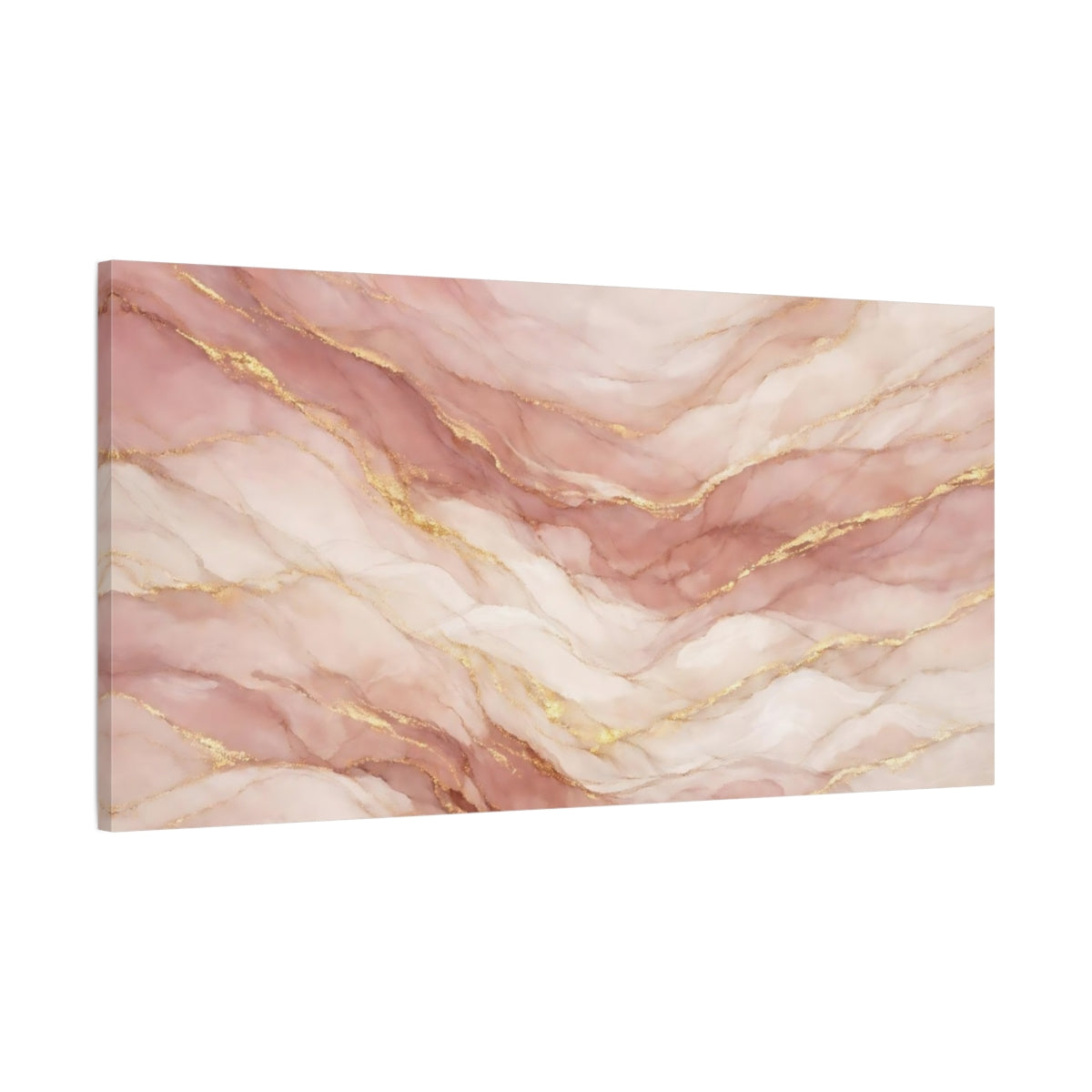 Side Mockup 1. Abstract Fluid Art Pink And Gold shown as stretched canvas wall art