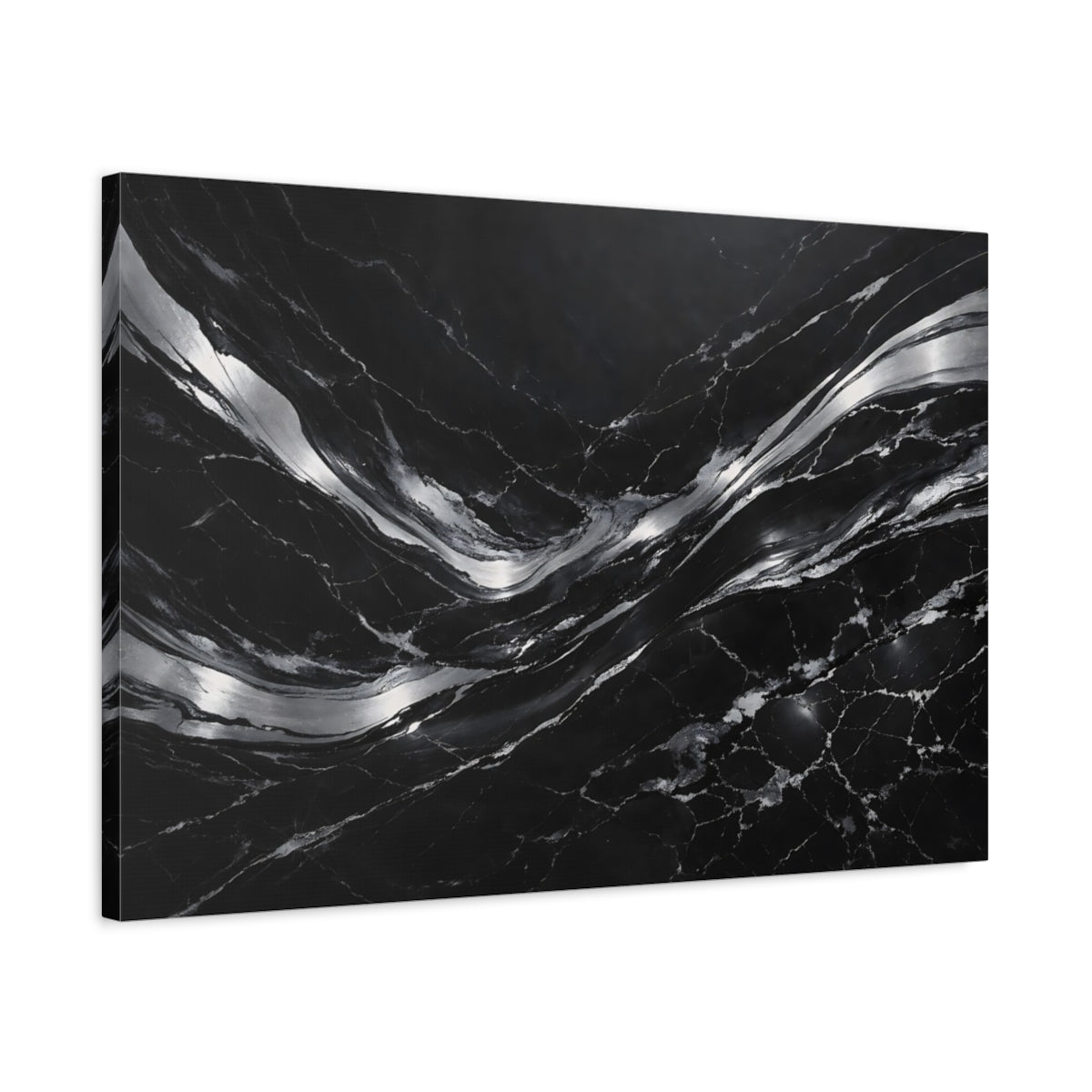 Side Mockup 2. Abstract Fluid Abstract Black And Silver shown as stretched canvas wall art