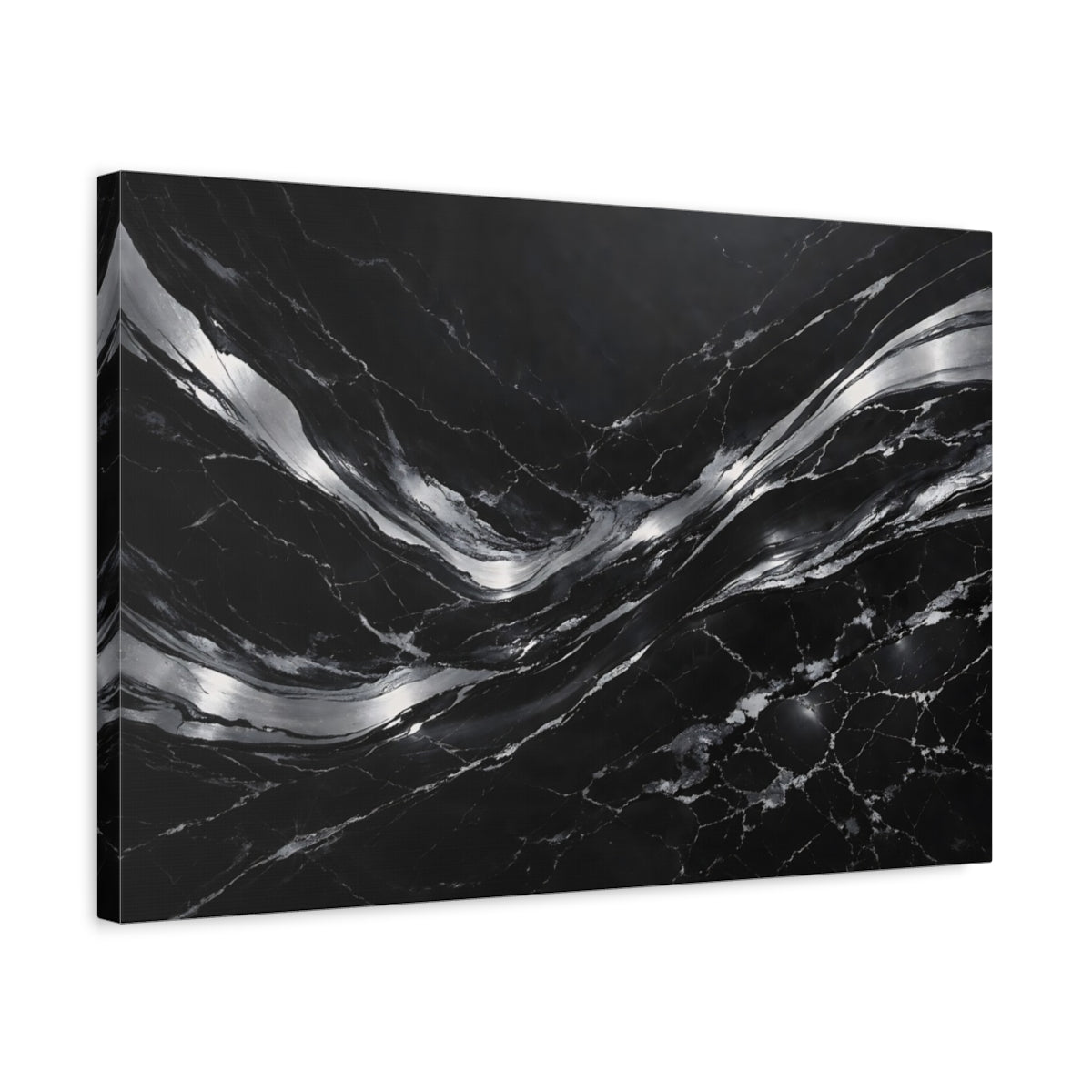 Side Mockup 3. Abstract Fluid Abstract Black And Silver shown as stretched canvas wall art