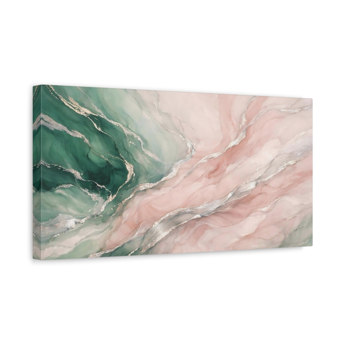 Side Mockup 3. Abstract Fluid Abstract Green Pink Marble shown as stretched canvas wall art
