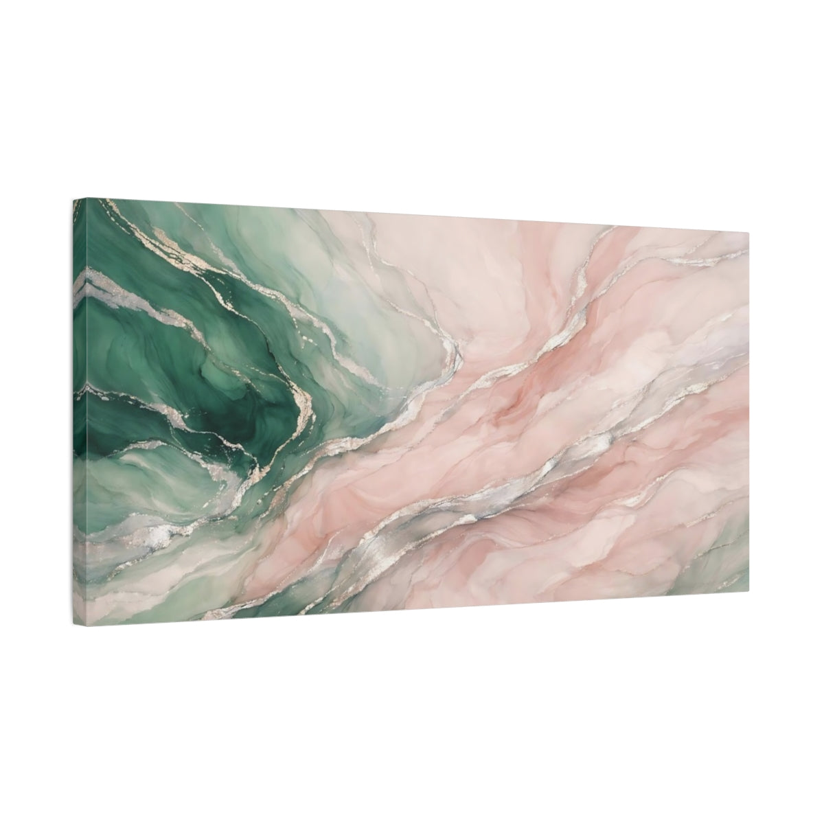 Side Mockup 2. Abstract Fluid Abstract Green Pink Marble shown as stretched canvas wall art