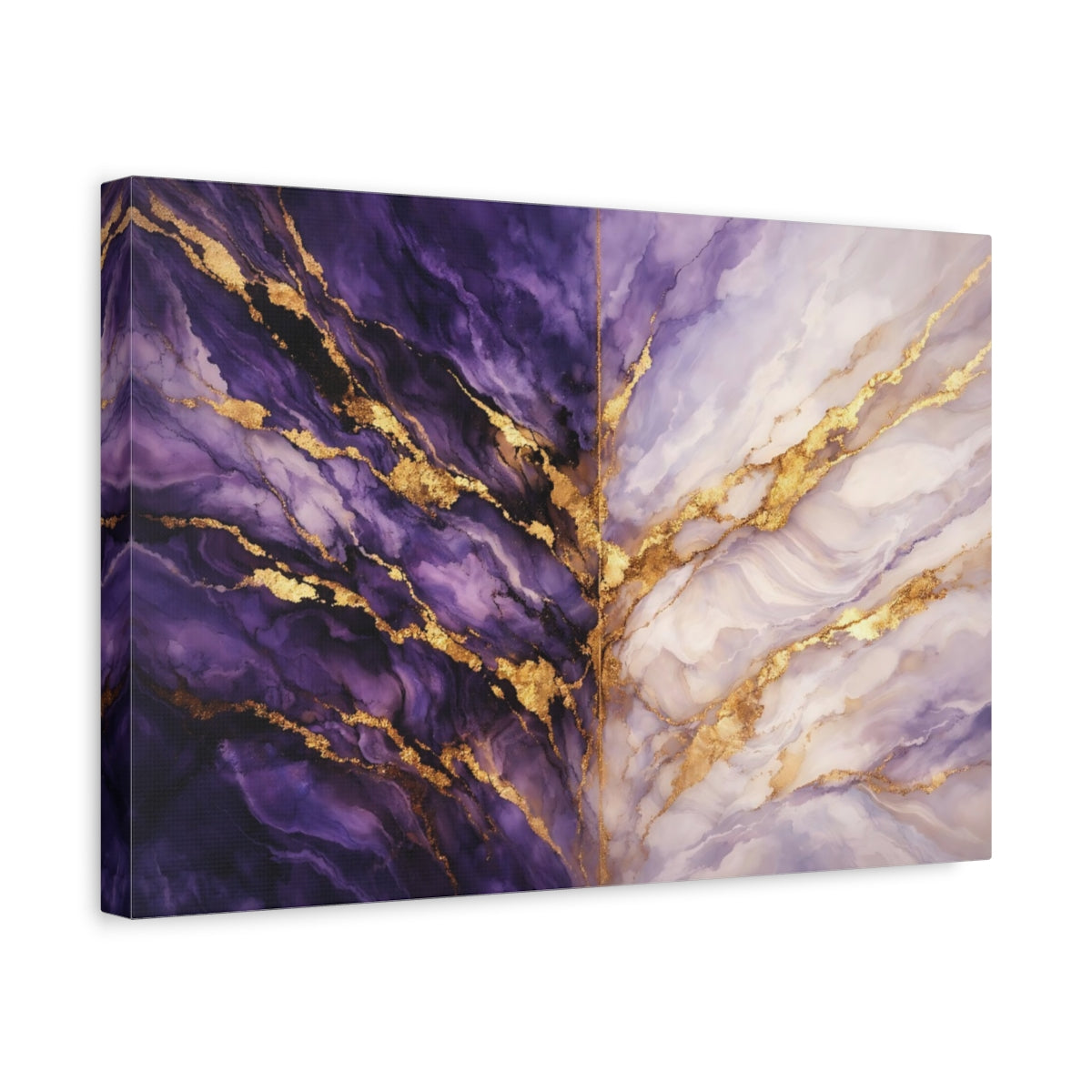 Side Mockup 4. Abstract Fluid Marble Purple And Gold Marble shown as stretched canvas wall art