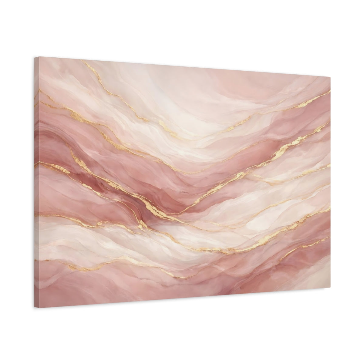 Side Mockup 1. Abstract Fluid Abstract Pink And Gold shown as stretched canvas wall art