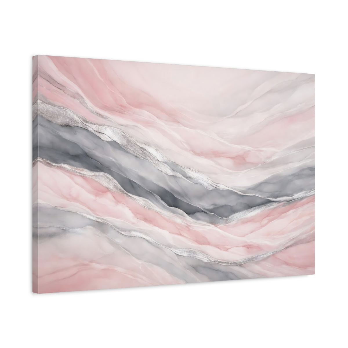 Side Mockup 2. Abstract Fluid Abstract Pink Grey Silver shown as stretched canvas wall art