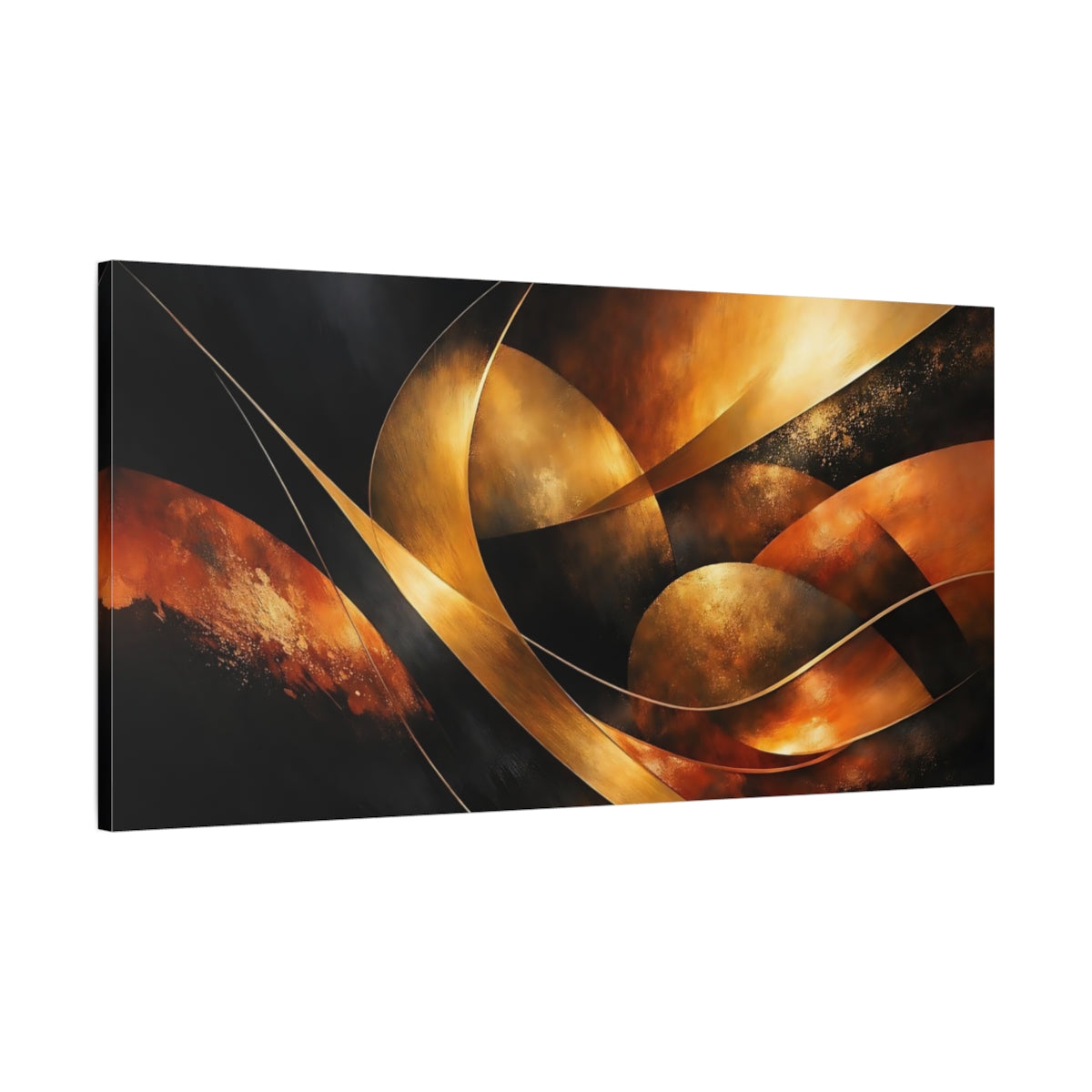 Side Mockup 1. Abstract Abstract Forms Gold And Black shown as stretched canvas wall art