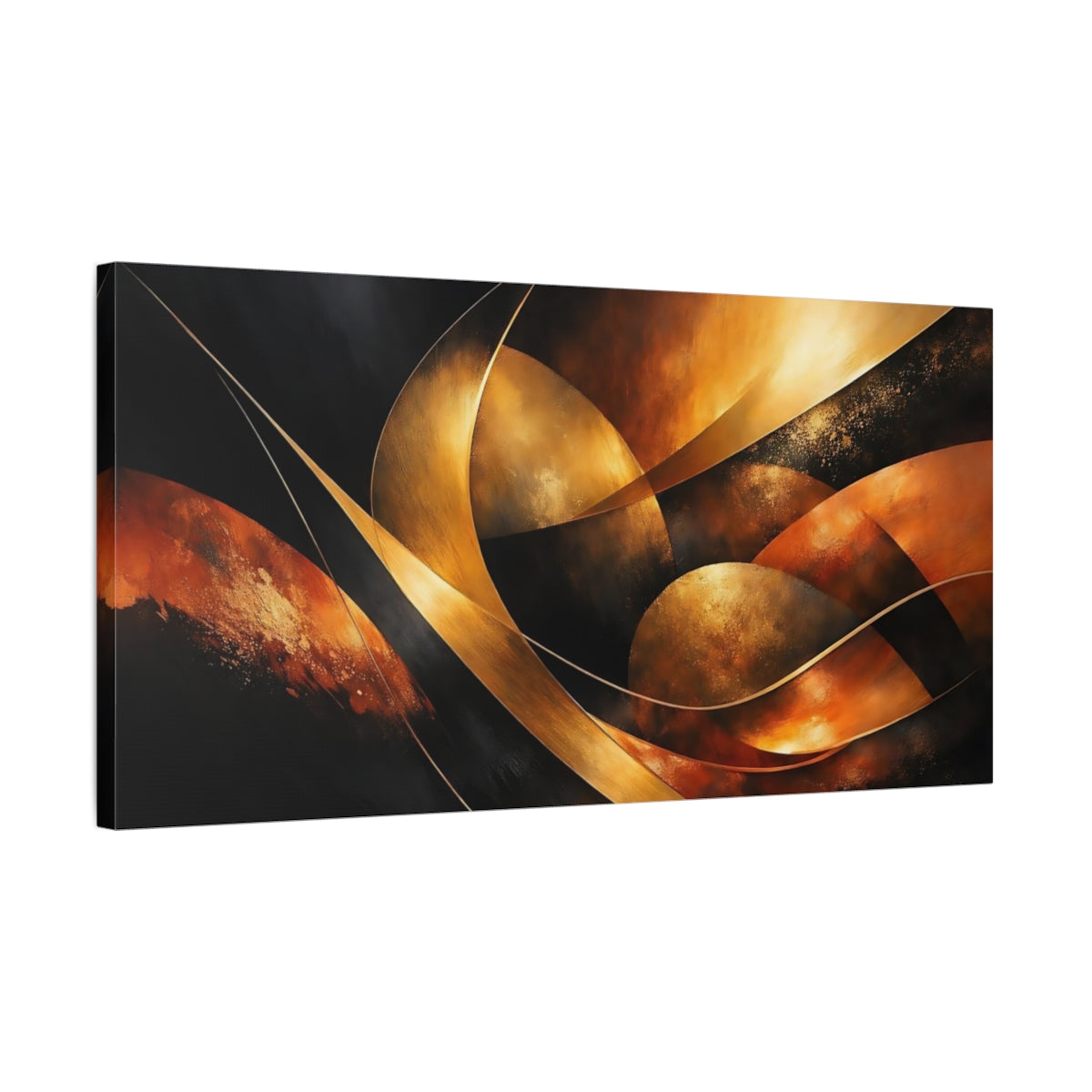 Side Mockup 2. Abstract Abstract Forms Gold And Black shown as stretched canvas wall art