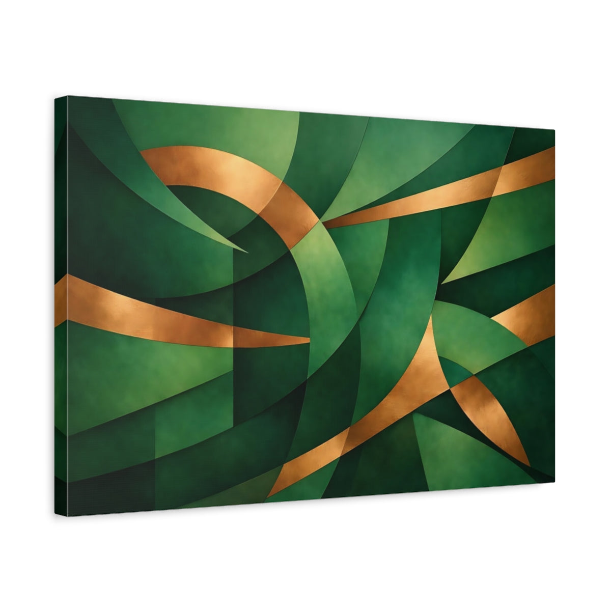 Side Mockup 3. Abstract Abstract Forms Green And Gold shown as stretched canvas wall art
