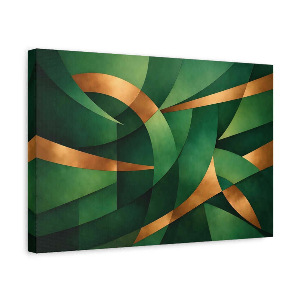 Side Mockup 4. Abstract Abstract Forms Green And Gold shown as stretched canvas wall art