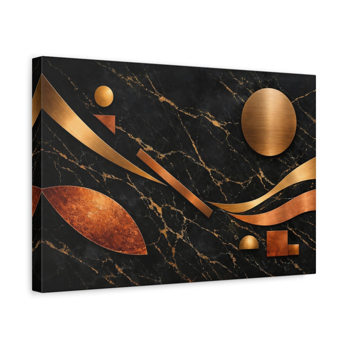 Side Mockup 4. Abstract Geometric Shapes Black Gold Copper shown as stretched canvas wall art