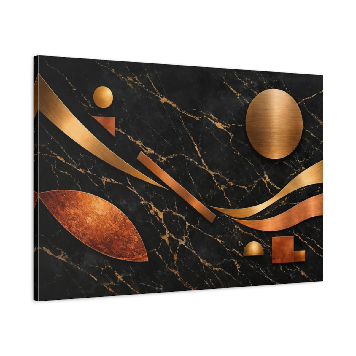 Side Mockup 1. Abstract Geometric Shapes Black Gold Copper shown as stretched canvas wall art