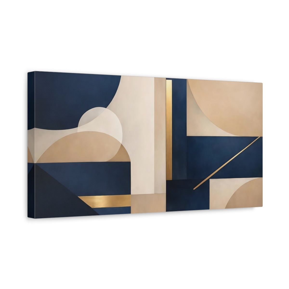 Side Mockup 3. Abstract Geometric Shapes Navy Gold Geometric shown as stretched canvas wall art