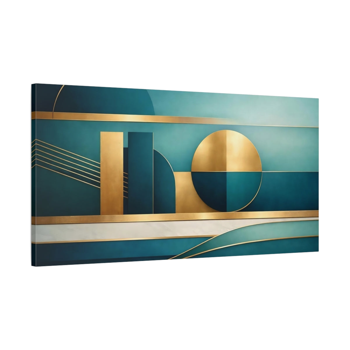 Side Mockup 1. Abstract Geometric Shapes Teal Gold Geometric shown as stretched canvas wall art