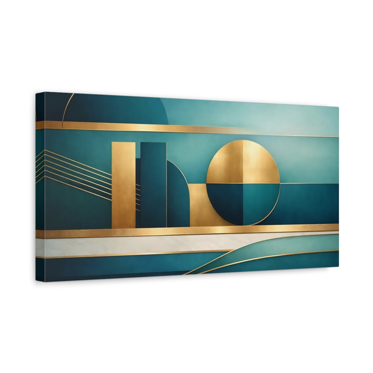 Side Mockup 3. Abstract Geometric Shapes Teal Gold Geometric shown as stretched canvas wall art