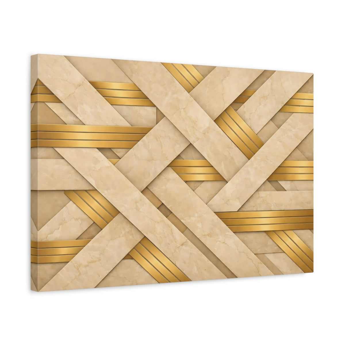 Side Mockup 3. Abstract Geometric Weave Beige Gold Pattern shown as stretched canvas wall art
